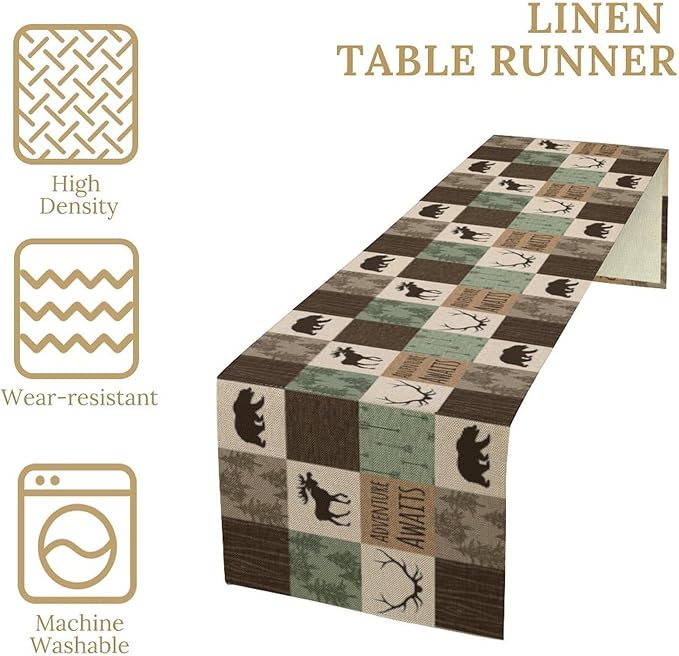 Bear Deer Table Runner, Vintage Rustic Farmhouse Hunting Cabin Art Printed Runner for Home Kitchen Dining Table Living Room Decor Fabric 1 Panel W13xL70in