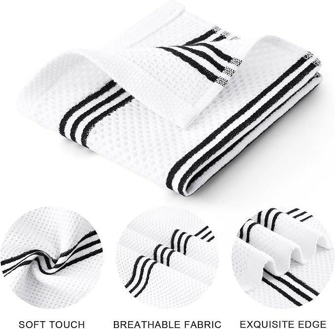 Mordimy 100% Cotton Waffle Weave Dish Cloths, 12 x 12 Inches, Super Soft and Absorbent Quick Drying Dish Rags for Kitchen, 6-Pack, White & Black Stripe
