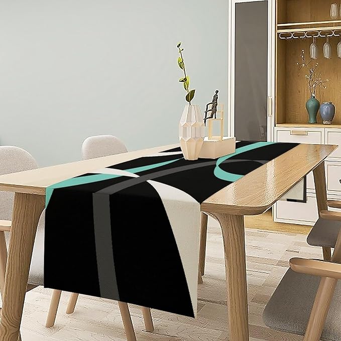Abstract Geometric Table Runner Teal Grey and White Striped Black Background Modern Kitchen Dinner Runner for Indoor Home Living Room Party Dining Table Decoration 13"x90"