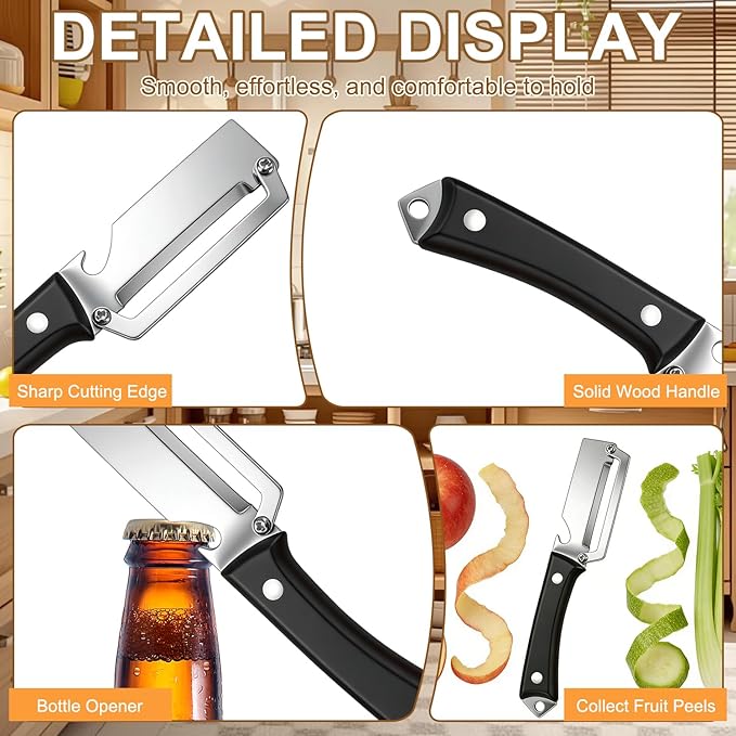 2PCS Premium 2-in-1 Vegetable Peeler with Wooden Handle, Stainless Steel Blade & Bottle Opener, Multi-Purpose Kitchen Tool for Apple, Potato, Pumpkin, Papaya & Various Fruits/Vegetables (Wood+Black)
