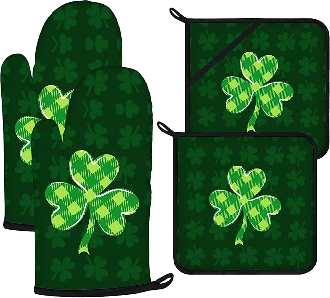 Green Clover Oven Mitts and Pot Holders Sets 4Pcs,Extra Long Oven Gloves Potholder for Kitchen Cooking Baking BBQ 100% Cotton Heat Resistant(St. Patrick's Day)