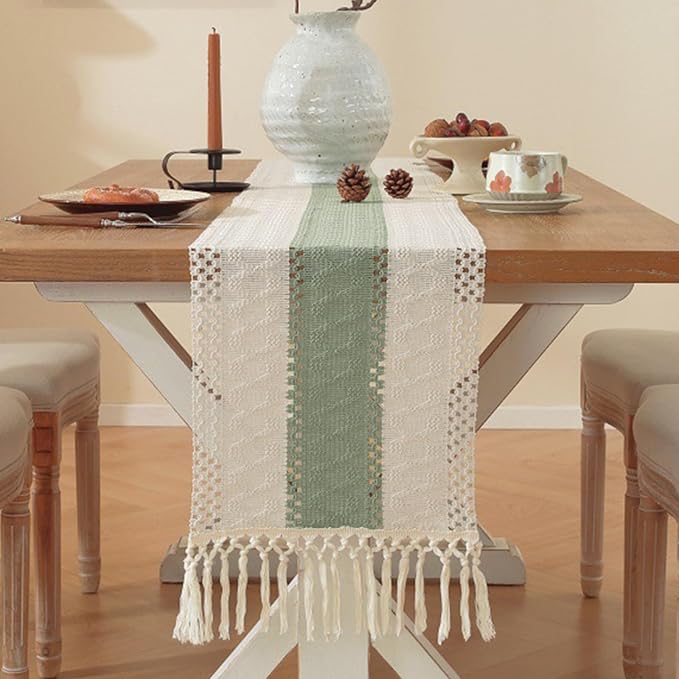 Niviy Sage Green Table Runner 108 Inches Long with Tassels, Seasonal Spring Summer Washable Embroidered Striped Braided Green and Beige Boho Table Runners for Holiday Party 12 x 108 Inches