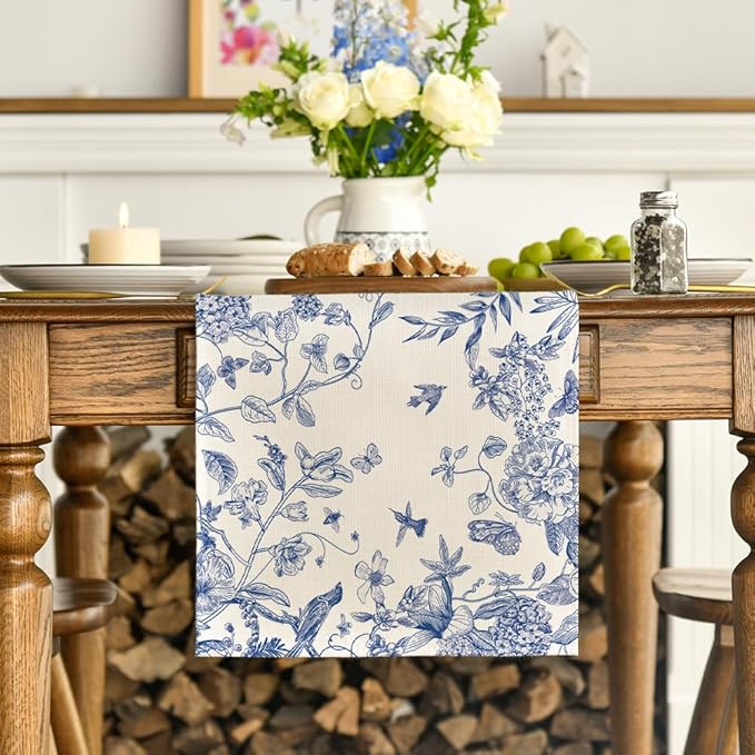 Artoid Mode Monochrome Sketch Birds and Flowers Spring Table Runner, Summer Seasonal Fall Kitchen Dining Table Decoration for Home Party Decor 13x90 Inch