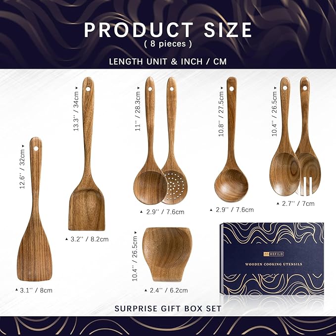 Wooden Spoons for Cooking, Nonstick Cooking Utensil Set with 7 Piece Acacia Wooden Spatulas and Spoons, as well as a Extra Whole Wood Spoon Rest, Terrific for Everyday Kitchen Tasks