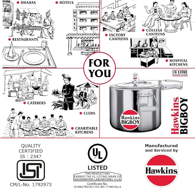 Hawkins 18 Litre Bigboy Pressure Cooker, Big Inner Lid Cooker, Silver (BB18), Aluminium