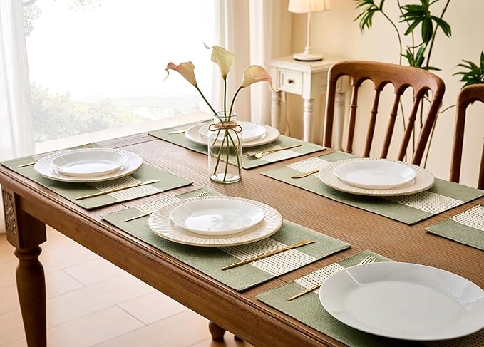 Wracra Linen Placemats, 12 x 18 Inch Set of 6 Placemats, Farmhouse Macrame Place Mats for Kitchen Table and Heat Resistant-Hemstitch Sage Green 6PCS