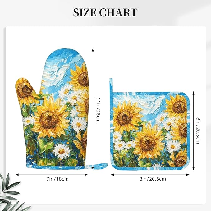 Oven Mitts and Pot Holders Sunflower Daisy Flower Art Silicone Kitchen Accessories Set of 2 Heat Resistant Long Gloves Potholder Non-Slip Grip for Chef Cooking,Baking,Grilling,BBQ