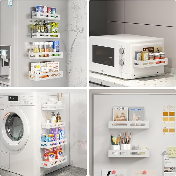 Sevenblue 6 Pack Strong Magnetic Spice Rack for Refrigerator, Multipurpose Magnetic Shelf for Fridge with 4 Hooks for kitchen and Bathroom Organization, White