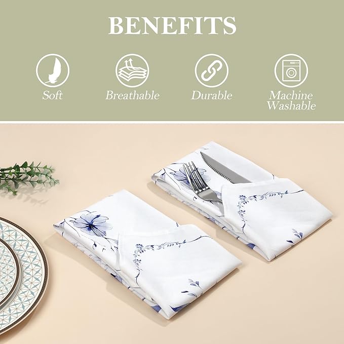Spring Summer Watercolor Flower Napkins, 18×18 Inch Dinner Cloth Napkins Set of 4, Washable Cotton Soft Absorbent Square Table Top Decoration for Dining Kitchen Party Wedding