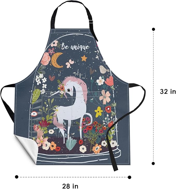 Britimes Apron Home Kitchen Cooking Baking Gardening for Women Men with Pockets Unicorn Be Floral Moon 32x28 inch