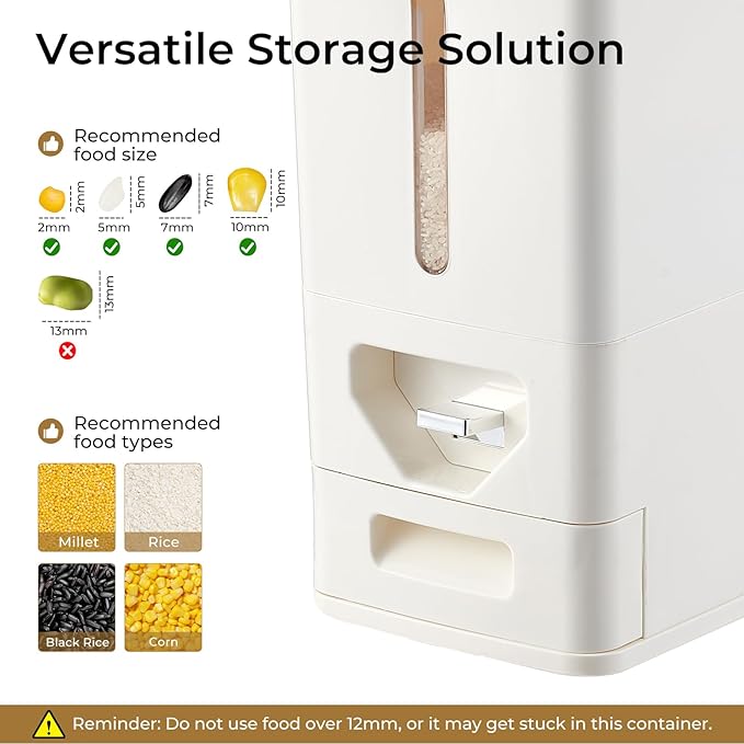 Rice Dispenser 22 Lbs (10kg), Dry Food Storage Container Sealed Moisture-Proof with Built-in Drawer for Kitchen Pantry Household, BPA-Free