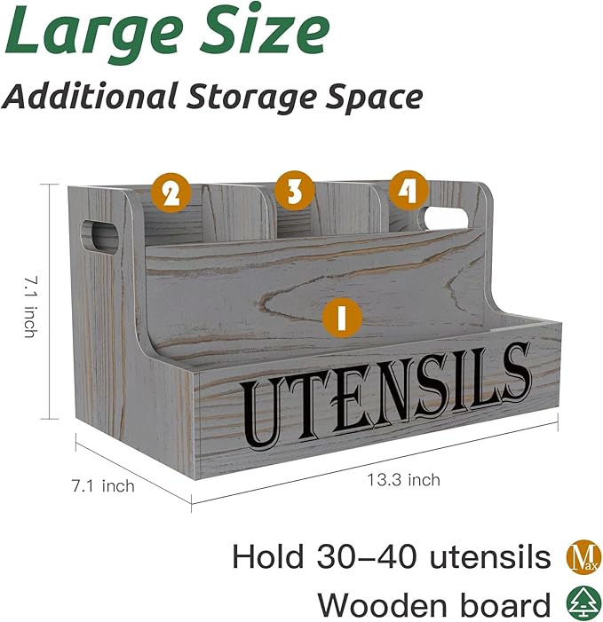 Suli Kitchen Utensils Holder, Wooden Utensil Organizer for Kitchen Countertop, Farmhouse Utensil Storage, Rustic Cooking Utensils ,4 Compartments,- Grey Grain