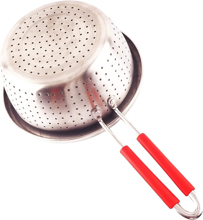 Stainless Steel Perforated Metal Colander Strainer with Long Red Handle Sieve Sifters Use for Kitchen Food Pasta Noodles Spaghetti Vegetables Silver - 7.9inch