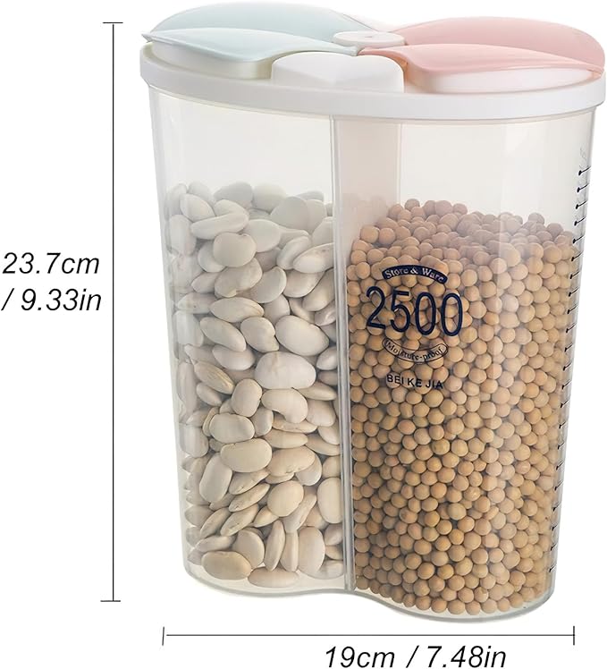 Airtight Kitchen Food Storage Container, Leak-Proof BPA Free Plastic Plastic Dry Cereal Dispensers Containers with Durable Lids for Flour, Sugar, Rice (2500ml-2 Grid)