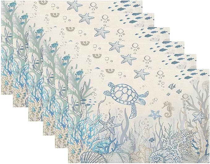 Nautical Coastal Placemats 12x18 Inch Set of 6, Turtle Coral Starfish Seashell Ocean Themed Table Place Mat Beach Coastal Washable Table Mats Decorative Linen Fabric Table Mat for Dining Table