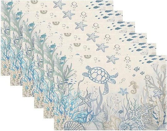 Nautical Coastal Placemats 12x18 Inch Set of 6, Turtle Coral Starfish Seashell Ocean Themed Table Place Mat Beach Coastal Washable Table Mats Decorative Linen Fabric Table Mat for Dining Table