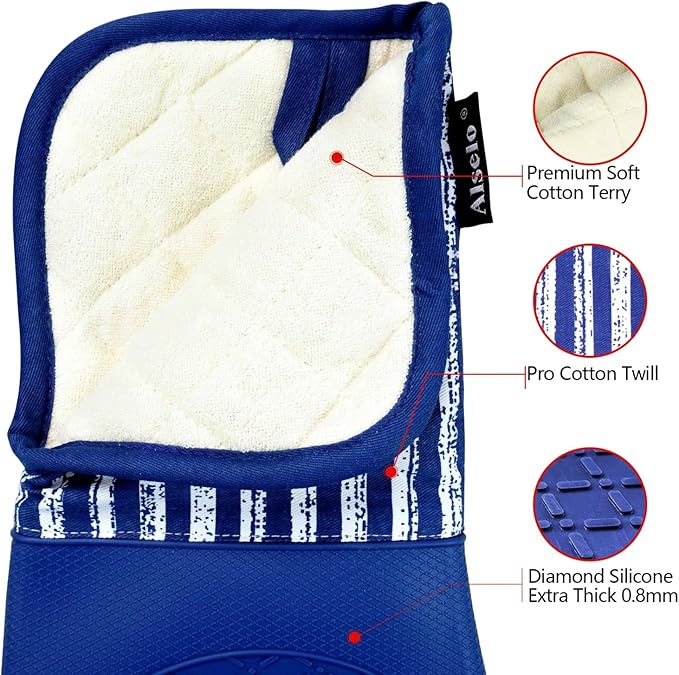 Alselo Silicone Oven Mitts Heat Resistant 932℉ with Waterproof & Non-Slip Kitchen Mittens, Set of 2 Extra Long Oven Gloves with Soft Cotton Terry Lining for Baking Cooking Barbecue (Cobait Blue, 2)
