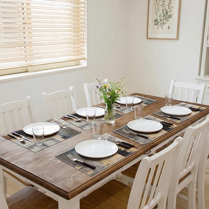 Emvency Farmhouse Placemats Set of 6, Gold Modern Grey Minimalist 12x18 Inch Linen Rectangular Place Abstract Grey Table Mats for Indoors & Outdoor Home Party Kitchen Dining Decoration