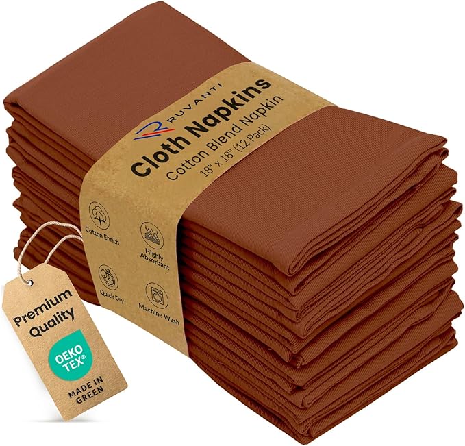 Ruvanti Cloth Napkins Set of 12, 18x18 Inch, Soft & Absorbent Cotton Enrich Dinner Napkins for Hotel, Wedding Parties, Napkins Everyday - Rust
