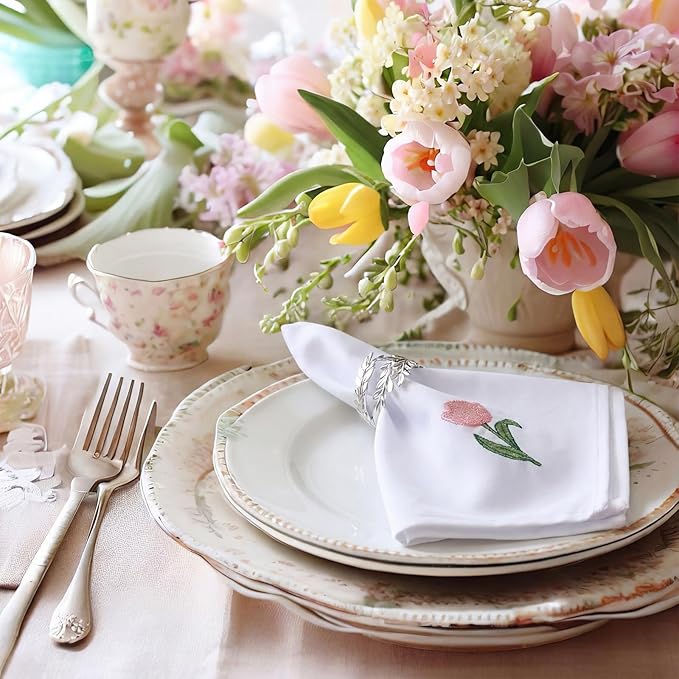 HunnmingRe 12 Pcs Spring Floral Cloth Napkins 100% Cotton Pink Tulip Dinner Tea Party Napkins Embroidered Handtowel Country French Reusable Washable for Dinner Kitchen Weddings Cocktail 17x17inch