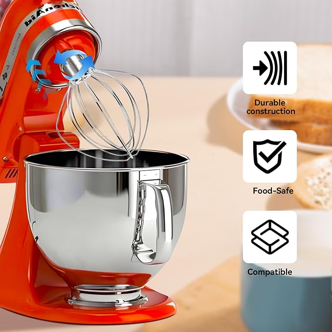 K45WW 6-Wire Whip Attachment Fits KitchenAid Tilt Head Stand Mixer - Egg Heavy Cream Beater, Cakes Mayonnaise Whisk for Kitchen Aid Mixer Accessory Replacement Parts