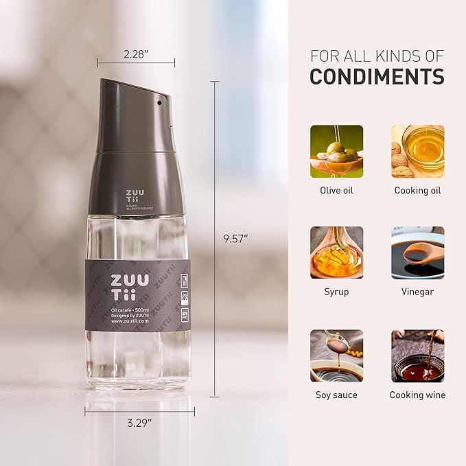 Zuutii Olive Oil Dispenser Bottle - Drip Free Spout for Kitchen, Glass, Gray