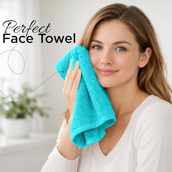 DAN RIVER 12-Pack Premium 100% Cotton Aqua Face Towels for Bathroom - Reusable Face Wash Cloths for Showering 12x12 Inches - 550 GSM Super Soft & Absorbent Luxury WashCloths for Body, Spa & Gym