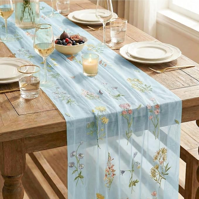 Artoid Mode Wildflower Floral Sky Blue Gauze Embroidery Table Runner 120 Inch 10FT, Tulle Seasonal Spring Kitchen Dining Table Decor for Home Party