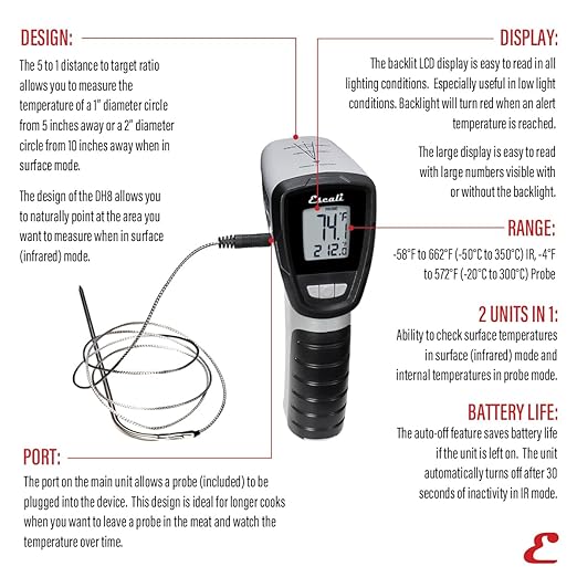 Escali Infrared Surface and Probe Digital Thermometer 40-inches Plug-in Probe, Two-in-One Adjustable Temperature Alert