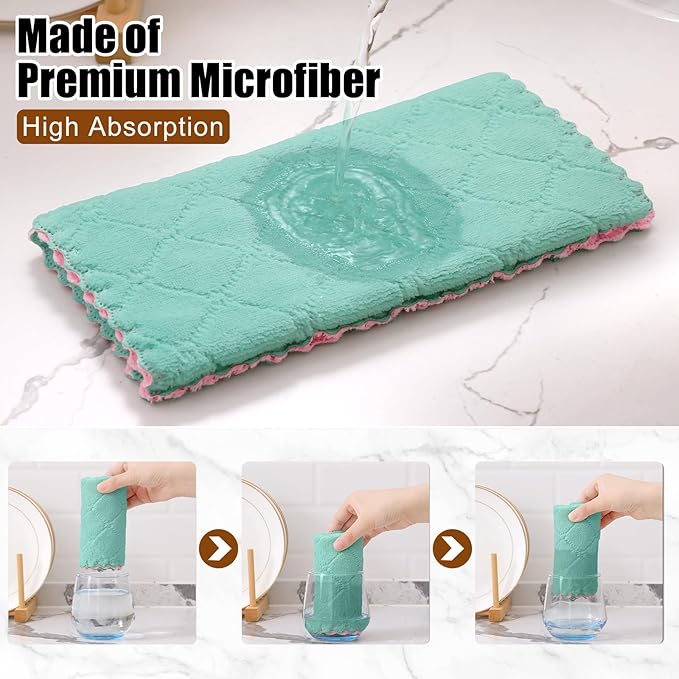 Mordimy 12 Pack Kitchen Towels (20" x 10", Green & Pink), Super Soft and Absorbent Dish Towels, Coral Velvet Microfiber Cleaning Cloth, Nonstick Oil Fast Dry Dish Cloths