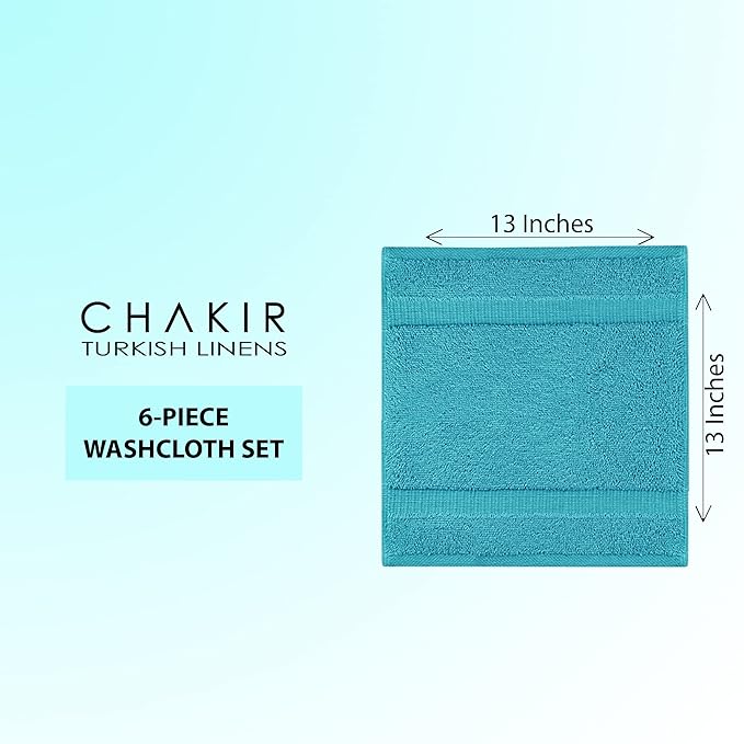 Chakir Turkish Linens 100% Cotton Premium Turkish Towels for Bathroom | 13'' x 13'' (6-Piece Washcloth, Aqua)
