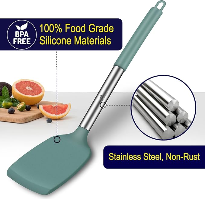HOTEC Silicone Spatula Set of 2 Heat-Resistant 600°F & BPA-Free Kitchen SaptulaTurner with Stainless Steel Handles, Slotted & Solid Spatulas for Nonstick Cookware, 13.7 Inch, Sage Green