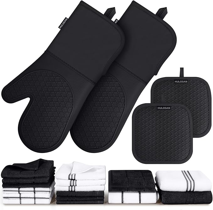 Silicone Oven Mitts Pot Holder Kitchen-Towels100% Cotton Dish Towels for Kitchen,Super Soft and Absorbent Kitchen Hand Towels/Tea Towels.Pot Holder,Oven Mitt Heat Resistant,Silicone Grip,Gift Set