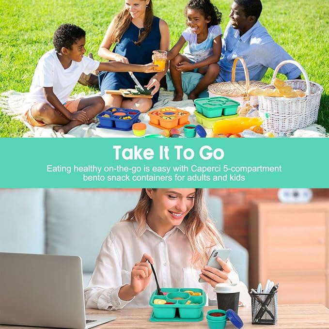 Caperci Original Lunchable Snack Containers for Kids & Adults - 5 Compartments Bento Snack Boxes with 4 Leakproof Small Containers, Wheat Straw, BPA-Free, Set of 4