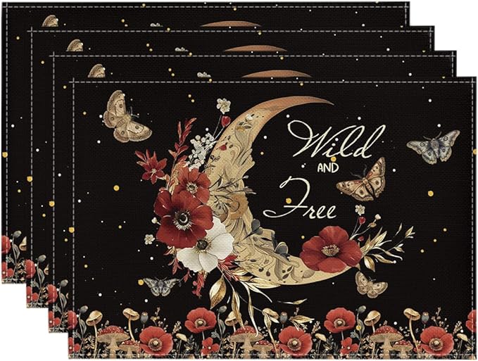 Artoid Mode Wild and Free Moon Flower Placemats Set of 4, 12x18 Inch Seasonal Vintage Farmhopuse Table Mats for Party Kitchen Dining Decoration