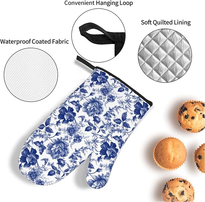 Blue and White Porcelain Floral Butterfly Oven Mitts and Pot Holders Set of 4,Vintage Chinoiserie Heat Resistant Non-Slip Potholders Oven Gloves and Pad for Kitchen Cooking Baking Grilling BBQ