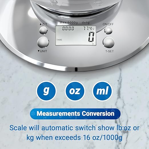 GRAM PRES Kitchen Food Scale Digital Weight Grams and Oz，Professional Stainless Steel Digital Kitchen Food Scale 11lb/0.1oz with Bowl for Weight Loss Dieting Baking Cooking