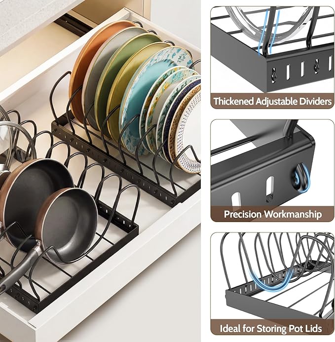 2PACK Large Pot Lid Organizers Inside Cabinet, Pots and Pans Organizer Under Cabinet with 16 Adjustable Dividers for Kitchen, Countertop Pan Lid Holder, Rust-Resistant Lid Storage, Easy to Clean