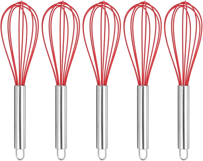 HARFINGTON 5Pcs Silicone Whisk 10" Kitchen Whisk Wire Whisks Beater with Stainless Steel Handle for Egg Milk Whisking Blending Beating & Stirring, Red