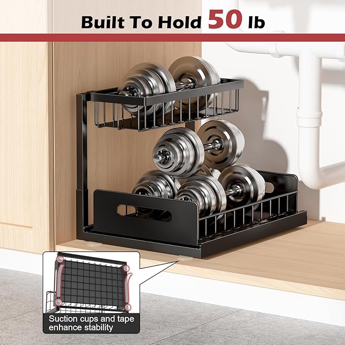REALINN Under Sink Organizer, L-Shaped 2 Tier Pull Out Cabinet Organizer for Kitchen and Bathroom, Slide Out Under Cabinet Storage, Metal Under Sink Storage with Sliding Drawer, 50 lbs, Black 2 Pack