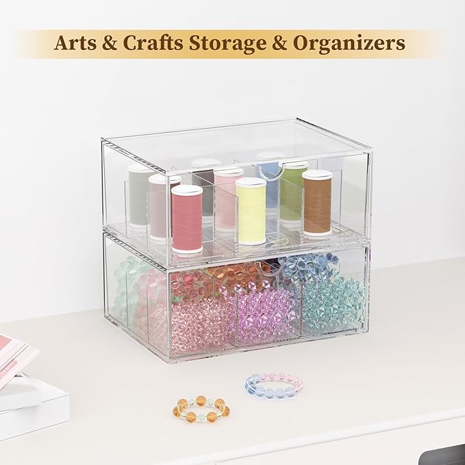 2 Pack Clear Tea Bag Organizer, Stackable Drawer Organizer with Dividers for Pantry Bathroom Vanity Kitchen - Cabinet Countertop Shelf Plastic Storage Bins for Coffee/Makeup/Cosmetic/Crafts/Jewelry