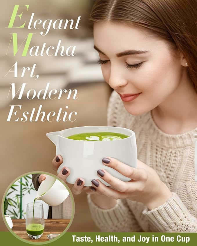 20OZ Matcha Whisk Set - 5PCS Matcha Kit Includes Ceramic Bowl with Spout, Bamboo Whisk with Holder, Bamboo Scoop and Sifter, Matcha Set for Ceremony, Gift for Matcha Lovers (White)