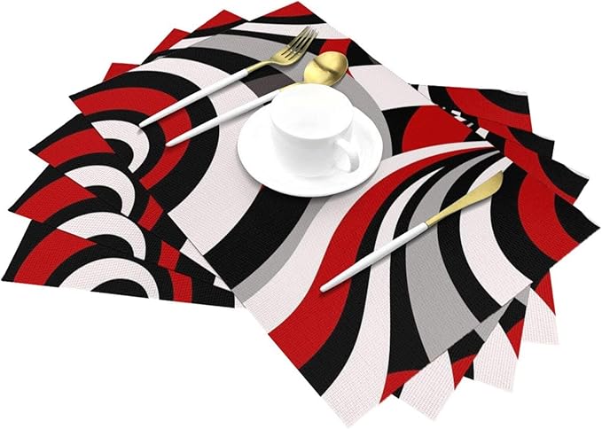 Black Red Retro Modern Swirl Linen Placemats Set of 4, Washable Heat Resistant Table Mats for Dining Table Kitchen Party Holiday Outdoor Farmhouse Gardening, Kitchen Home Decor, Black Red White Grey