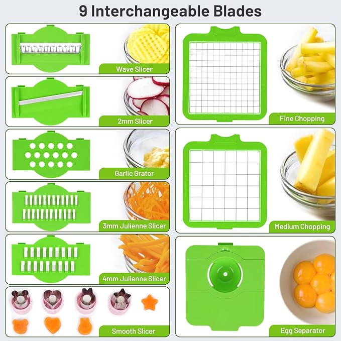Veggie Chopper 13 in1 Onion Chopper ·Vegetable Chopper with Container · Salad Chopper · Potato cutter – Gift for Home Cooks & Home Essentials (Grey & Green)