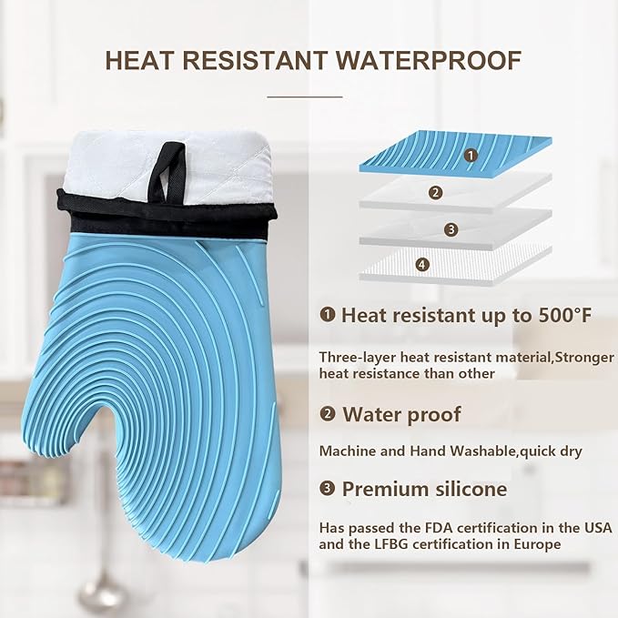 Silicone Oven Mitts-13.6 in Extended Oven Mitts Heat Resistant 500F, Oven Gloves with Soft Liner Good Grippy BPA-Free Easy to Clean Flexible-Oven Mits Set for Cooking Baking Grilling BBQ