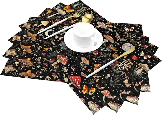 Black Mushroom and Butterfly Linen Placemats Set of 4, Heat Resistant Washable Table Mats for Kitchen Dining Table Party Holiday Outdoor Farmhous, Home Witchy Kitchen Decor, 12" x 18" Place Mats Black