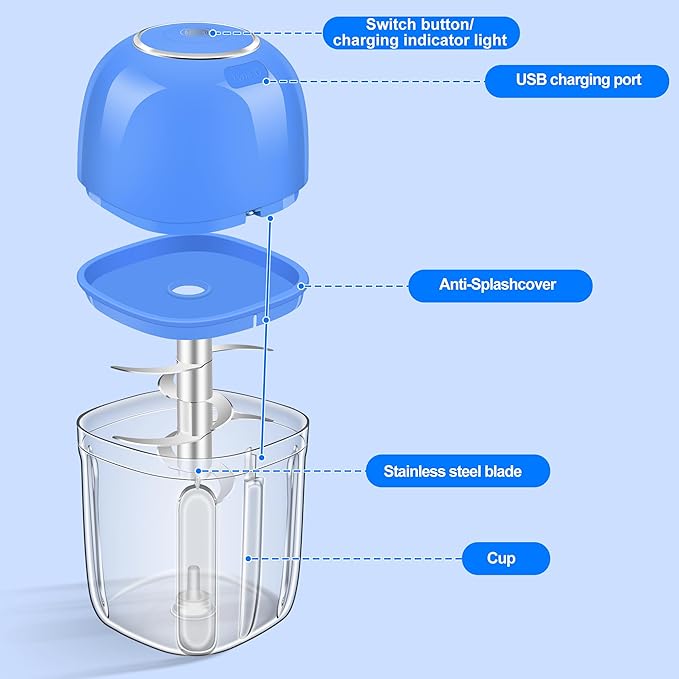 Electric Garlic Chopper, 450ML (1.8 Cup) Blue Mini Food Processor, Mini Chopper, Small Garlic Grinder Mincer for Onion, Ginger, Chili, Fruit, Meat