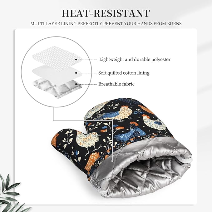 Rooster Silicone Oven Mitts Set of 2, Heat Resistant up to 500°F, Kitchen Oven Gloves with Non-Slip Grip and Soft Cotton Lining for Baking, Cooking and BBQ