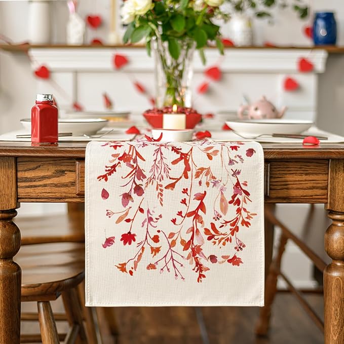 Artoid Mode Floral Leaves Valentine's Table Runner, Wild Flowers Seasonal Kitchen Dining Table Decoration for Home Party Decor 13x36 Inch