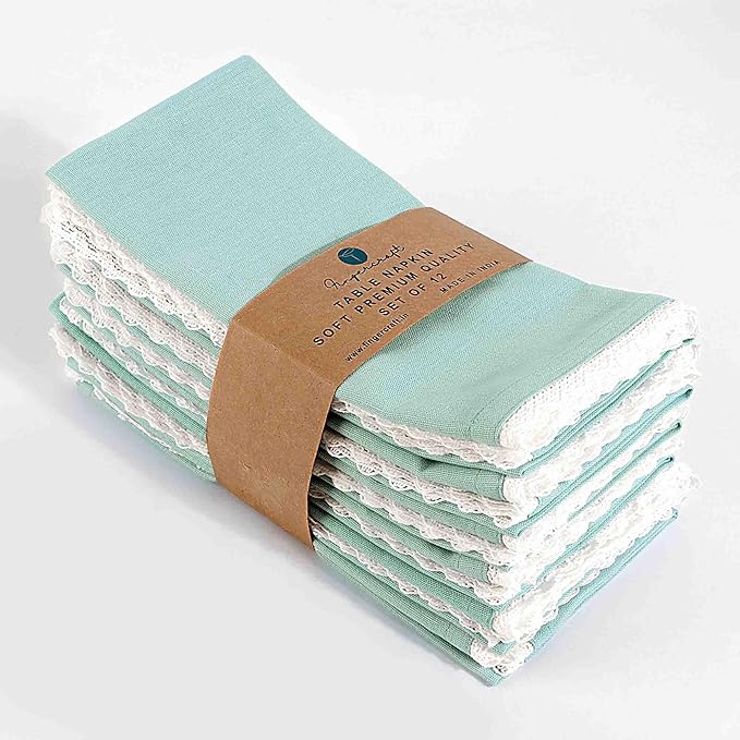 FINGERCRAFT Dinner Cloth Napkin Cotton Linen Blend 4 Pack Mitered Corners with Elegant Lace for Everyday Use Napkins are Pre Shrunk and Good Absorbency Aqua Easter Color